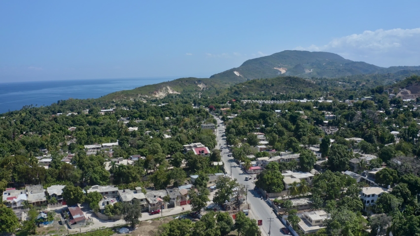 Drone view of Petit-Goâve city in HAITI. Main street (Avenue la Hatte)