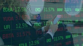 Animation of stock market data processing over caucasian businesswoman using smartphone in a plane. Global economy and business technology concept - Powered by Shutterstock - Get 15% off with code: PIKWIZARD15
