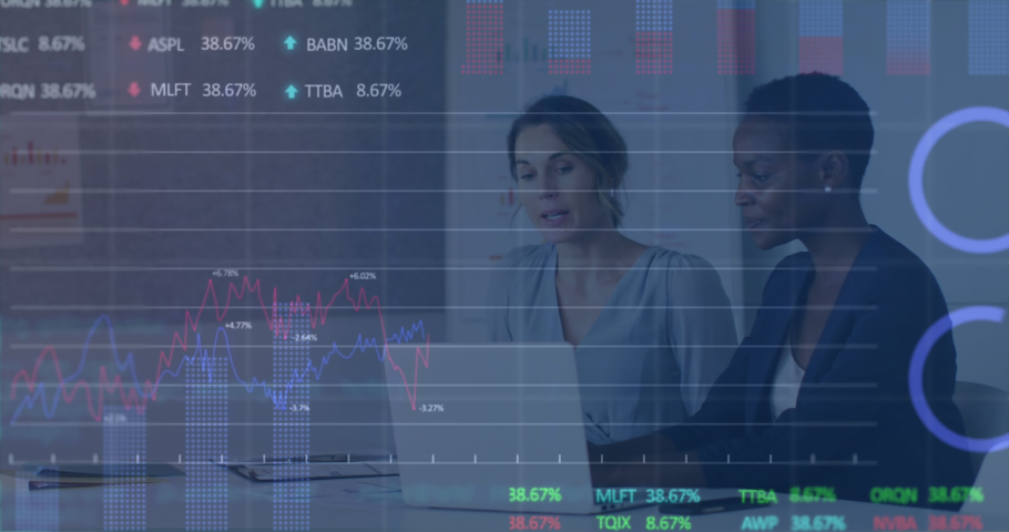 Animation of stock market data processing over two diverse female colleagues discussing at office. Business data technology concept | Shutterstock HD Video #1097491859