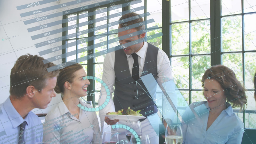 Animation of data processing over caucasian male waiter talking to businesspeople having lunch. Business data technology concept | Shutterstock HD Video #1097492037