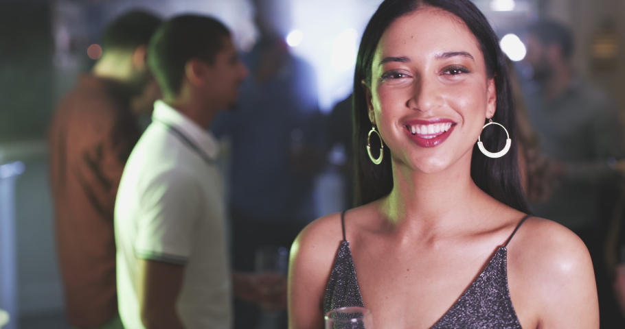 Woman, champagne and toast in club celebration, smile face or dancing for happiness in nightclub. Happy club girl, glass or celebrate new year in disco, dancing and social event to party in Las Vegas | Shutterstock HD Video #1097501219