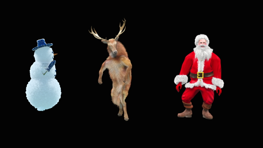 Merry christmas and happy new year, 3d rendering, Snowman, Deer,  santa claus Dancing, Animation Loop  composition 3d mapping cartoon, Included in the end of the clip with Alpha matte. | Shutterstock HD Video #1097502465