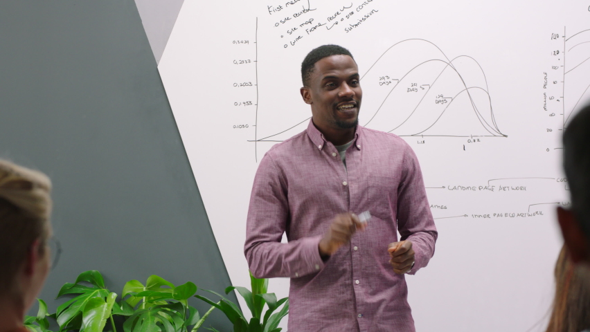 Presentation, speaker and black man dancing to celebrate finance growth or profit graph on whiteboard for SEO and kpi feedback. Coach, funny manager or business people in meeting with phone to record | Shutterstock HD Video #1097503843
