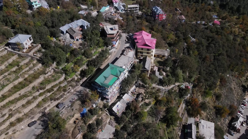 Aerial view of remote village in kailas kinnaur in kalpa region in himalays in spiti valley India travel holiday tourist destination for trekking | Shutterstock HD Video #1097511997