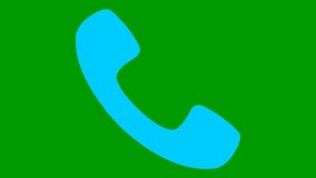 Animated blue icon of phone. Symbol of handset. Concept of communication, support. Looped video. Vector illustration isolated on green background.