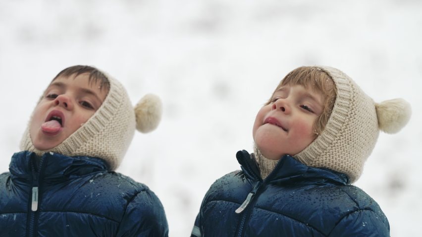 Cute boys catching snowflakes with mouth, funny kids footage. Happy childhood, 4 years old twin brothers, winter wonderland. | Shutterstock HD Video #1097514429