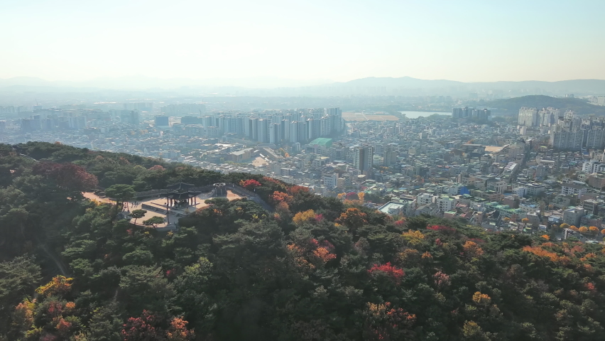 Suwon: Aerial view of city in South Korea, Paldal Park with trees in autumn colors, clear blue sky - landscape panorama of Eastern Asia from above