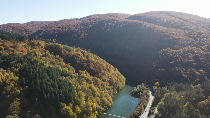 Aerial Autumn view of Pasarel reservoir, Sofia city Region, Bulgaria | Shutterstock HD Video #1097527647