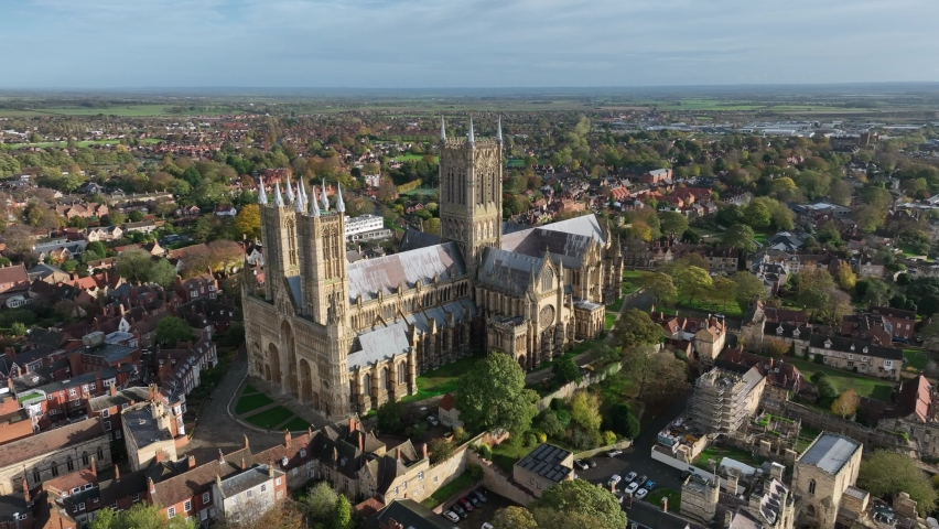 Aerial View of Lincoln City Cathedral in England Royalty-Free Stock Footage #1097529901