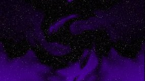 Turbulent beams of purple, white and red hues alternate against a dark background with flying stars. Animated background and club video. Endless cycle. The loop
