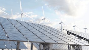 Wind turbines and solar panels. 3D loop render. 3D Illustration - Powered by Shutterstock - Get 15% off with code: PIKWIZARD15