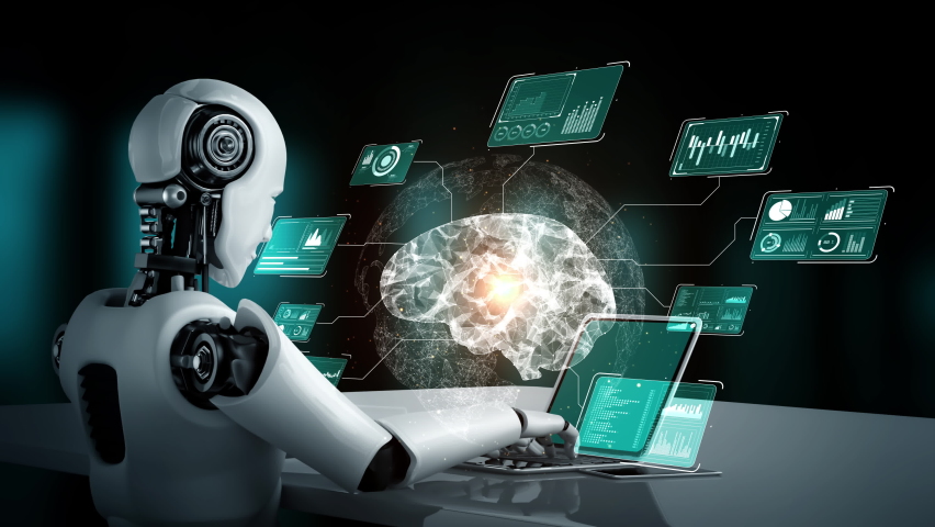 Robot hominoid use laptop and sit at table for big data analytic using AI thinking brain , artificial intelligence and machine learning process for the 4th fourth industrial revolution . 3D rendering. Royalty-Free Stock Footage #1097544479