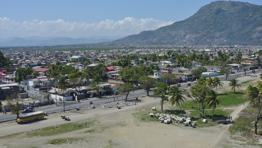 Drone footage of Cap-Haitien bay, HAITI. City, waterfront and streets.