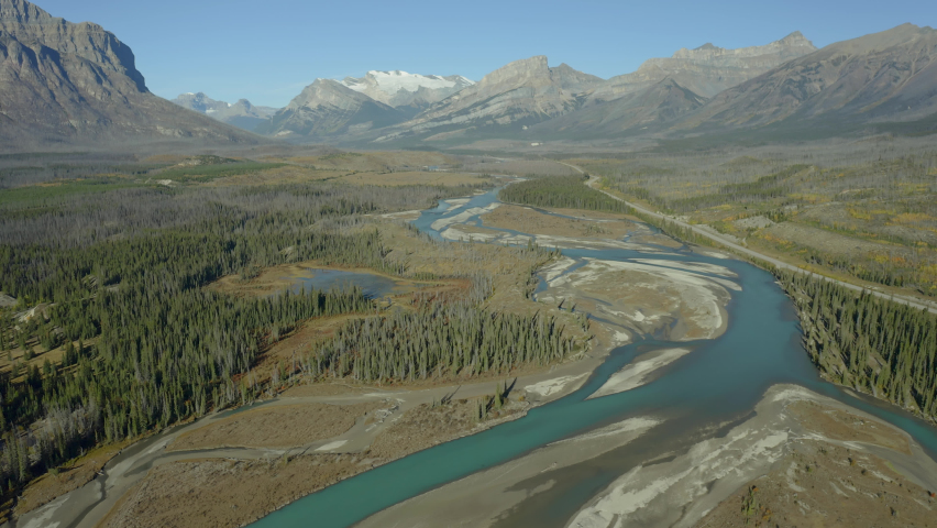 Beautiful river valley in Rocky Mountain range, near Nordegg, Alberta, Canada.