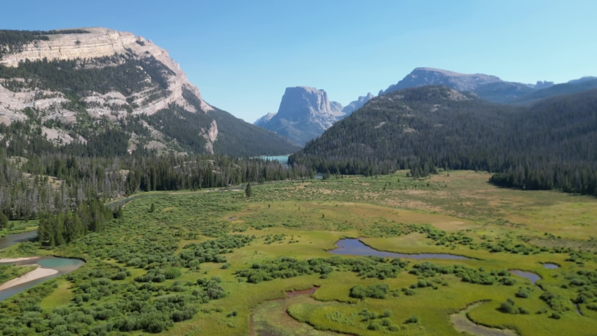Scenic View Of Marshland And Ridges In Upper Green River Lakes In Wyoming. Aerial Shot