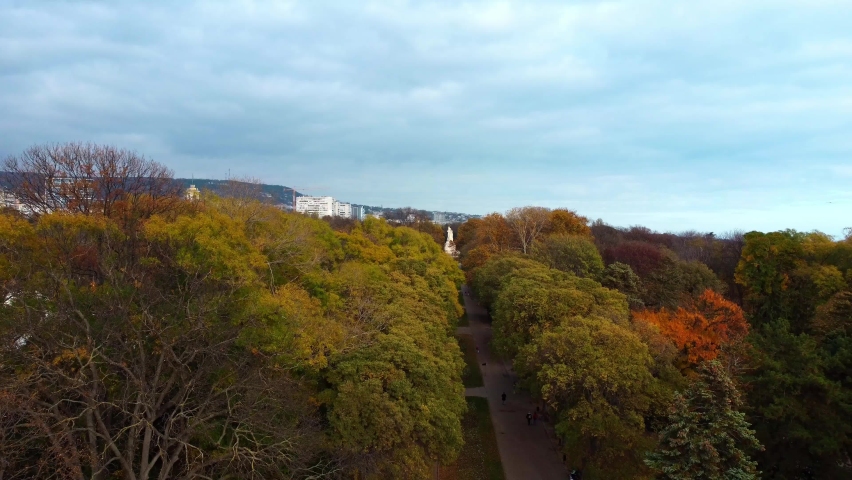 Aerial Shot over Green and Yellowish Treetops Sea Garden Sky View Varna Bulgaria