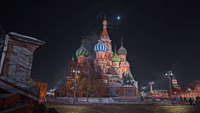 Amazing night footage of St. Basil's Cathedral in winter. Moving video in 4k UHD