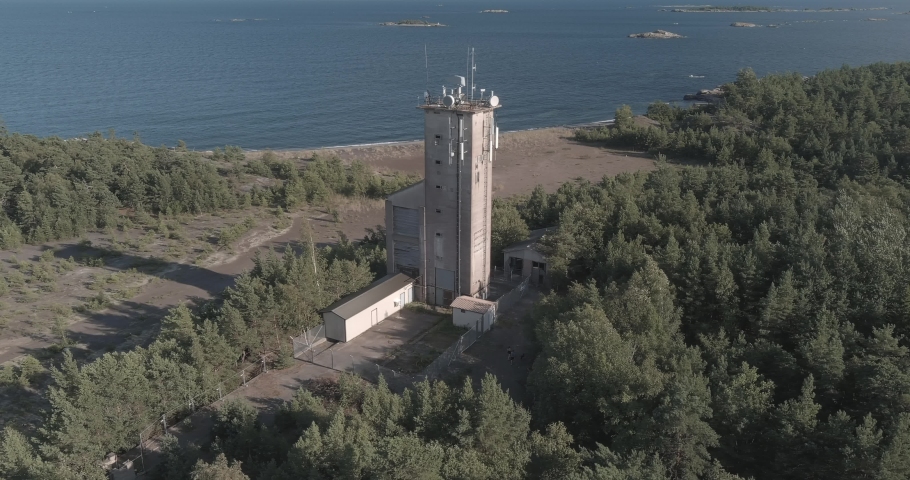 Aerial view of old mine tower in summer on the island of Jussarö, Ekenäs Archipelago National Park, Finland.