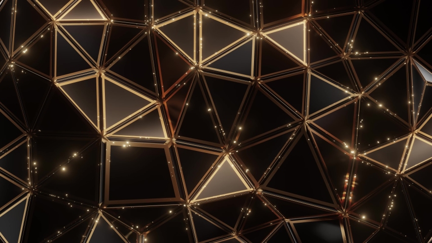 4K luxury geometric triangle with stripe gold. glitter glowing on line gold surface.motion animation. Seamless loop dark backdrop. Royalty-Free Stock Footage #1097560159