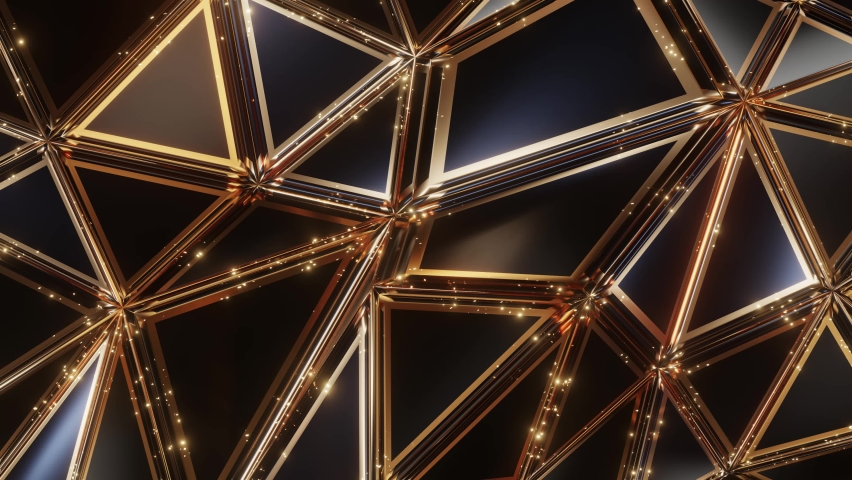 4k abstract luxury triangle geometric black with gold glitter glowing. in triangle motion move in and out.motion animation. Seamless loop dark backdrop.