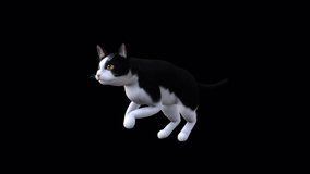 Black and White Cat Fast Run Front Side View, Animation.Full HD 1920×1080. 03 Second Long.Transparent Alpha Video. LOOP.