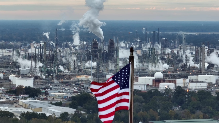 American energy theme. Oil refinery with USA flag. Long aerial zoom of fuel gas diesel production in United States. Energy policy in America theme.