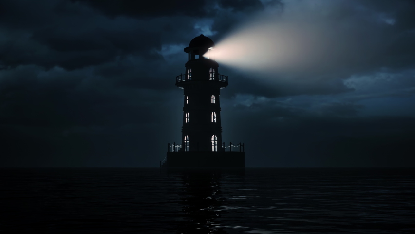 The light beam from the silhouette of a solitary lighthouse at night. Royalty-Free Stock Footage #1097575955