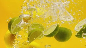 Close-up of falling sliced limes and lemons into the water on orange background, making a cocktail of citrus fruits, drinking cold lemonade, shooting of carbonated water with sliced fruits.  - Powered by Shutterstock - Get 15% off with code: PIKWIZARD15