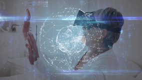 Animation of globe with connections and data processing over businesswoman in vr headset. Global business, finance, computing and data processing concept digitally generated video. - Powered by Shutterstock - Get 15% off with code: PIKWIZARD15