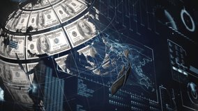 Animation of data processing over globe formed with american dollar bills. Global networks, connections, finance, business and data processing concept digitally generated video.