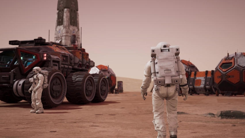 Astronaut Walks, Alien Planet, Mars, Transport Vehicles 3D Animations Rendering CGI 4K