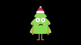 Christmas Tree Shocked Loop Character Animation, Cute and Funny Cartoon Style. Isolated on Transparent Background with Alpha Channel. 4K Ultra HD Apple ProRes 4444 Video Motion Graphic.