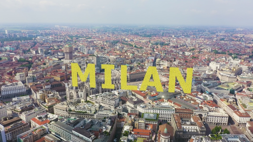 Inscription on video. Milan, Italy. Roofs of the city aerial view. Cloudy weather. Knitted texture inscription, Aerial View | Shutterstock HD Video #1097591979
