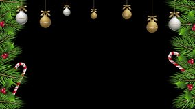 4K animation Design New Year and Christmas tree leaves with Christmas Black Backdrop Template Rotating frame template design Rotating realistic pine tree fresh branches with Christmas Decorations - Powered by Shutterstock - Get 15% off with code: PIKWIZARD15