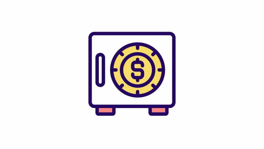 Animated safe with money color icon. Protection of financial assets. Banking service. Seamless loop HD video with alpha channel on transparent background. Simple filled line motion graphic animation