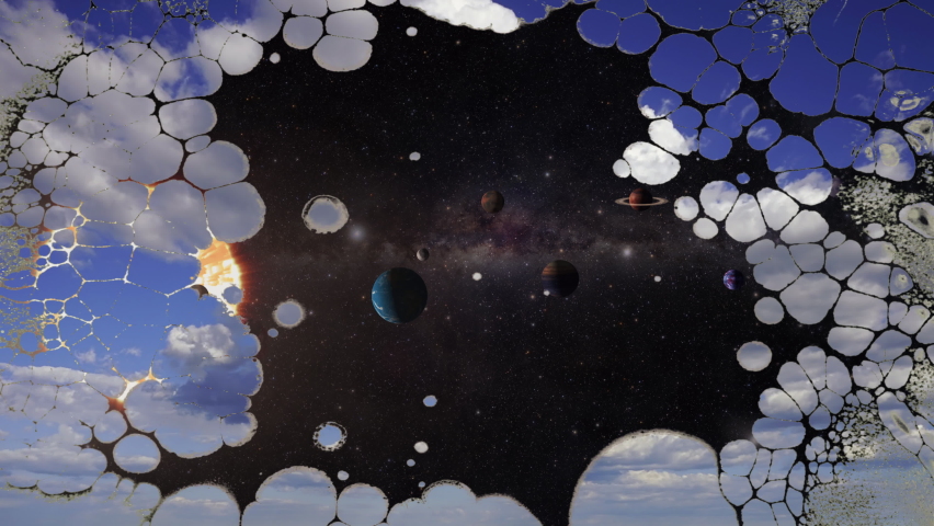 Planets Space Cloudy Sky Pattern Reflections Motion Background. Solar system planets under a puddle of water with a cloudy sky reflections. Motion background | Shutterstock HD Video #1097596525