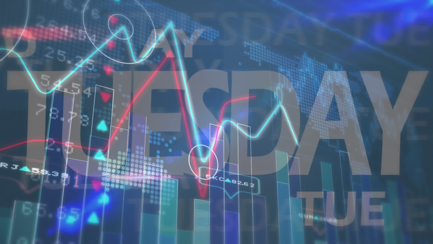 The blue stocks and shares screen is a digital animation that shows the movement of stocks and shares over the course of a day. the animation begins with the stock prices at the start of the day. | Shutterstock HD Video #1097599775