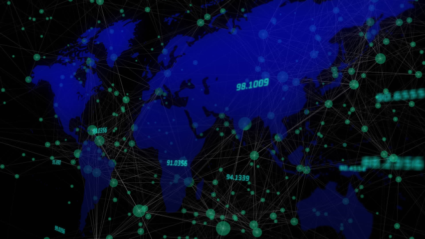 The animation shows a blue world map with floating white numbers over a grid on black background. the numbers represent the percentage of people who have access to internet in different countries. | Shutterstock HD Video #1097599845