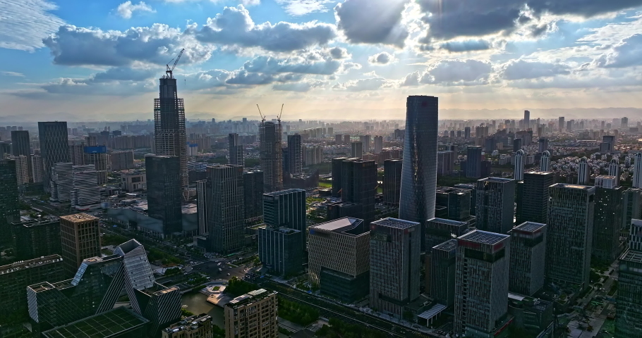 Aerial view of city skyline and modern buildings scenery in Ningbo, Zhejiang Province, China. East new town of Ningbo, It is the economic, cultural and commercial center of Ningbo City. | Shutterstock HD Video #1097600585