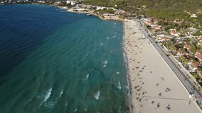 Izmir, Turkey - August 17, 2022: Aerial drone footage of the Ilica beach in summer Cesme Izmir Turkey