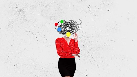 Modern design, contemporary art collage. Chaos in woman's head and hurricane of thoughts. Stop motion, animation. Surrealism. Inspiration, idea, creativity, business concept. Magazine style, videoclip de stoc