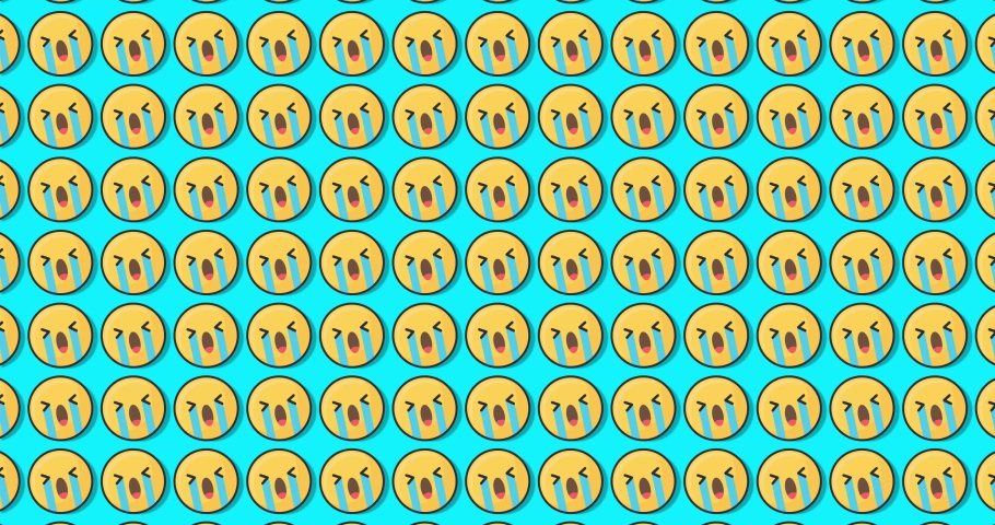 Crying displeased sad emoji animated motion graphics background over Sly blue background. Loopable emoticon motion graphics Animated background moving left to right. | Shutterstock HD Video #1097608417