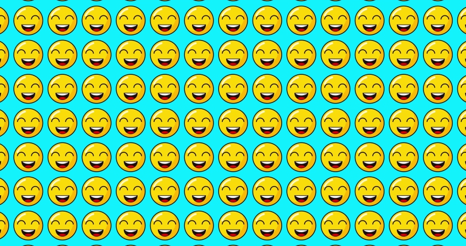 Laugh Happy pleased Smiley Face emoji. animated motion graphics background over sky blue background. Loopable motion graphics Animated background moving left to right. | Shutterstock HD Video #1097608533