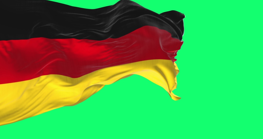 Germany flag waving on a green background. The Federal Republic of Germany is a country in Central Europe. Seamless looping in slow motion. Realistic 3D render. Green screen matte and chroma key