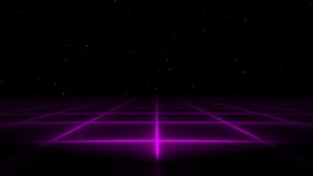 Retro cyberpunk style 80s Sci-Fi Background Futuristic with laser grid landscape. Digital cyber surface style of the 1980`s. 3D seamless loop footage video. RetroSci-Fi light from car headlights