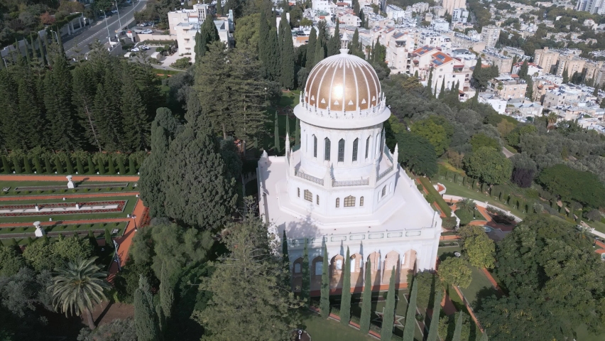 Aerial shot of Shrine of the Bab structure in Bahai Gardens, Haifa, Israel
