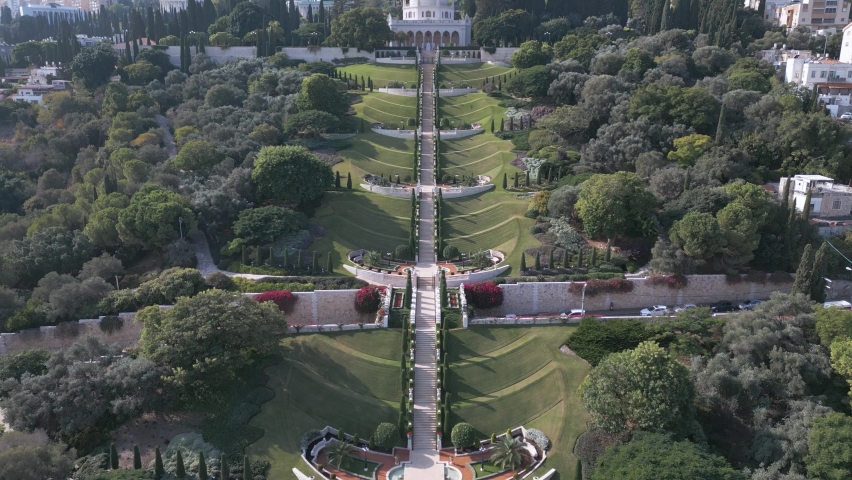 Aerial view of the lower part of Bahai Gardens in Haifa city, Israel