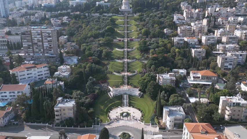 Aerial view of Bahai Gardens in Haifa city, Israel