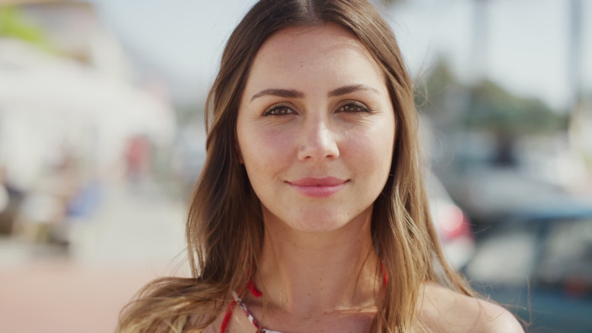 Face of woman in Miami for holiday in summer, vacation and relax on weekend for spring break. Travel, happiness and portrait of young girl enjoying sunshine, adventure and freedom in city street | Shutterstock HD Video #1097632259