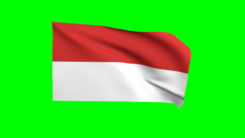 Indonesia waving flag 3D animation on a green background. Indonesian's national flag waves in the strong wind. The national fabric flag of Indonesia is isolated on a green screen.